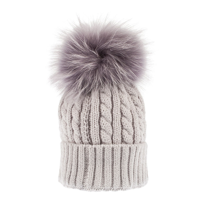 Women's Cable Pom Pom Hat Light Grey/Grey - Heritage Of Scotland - LIGHT GREY/GREY