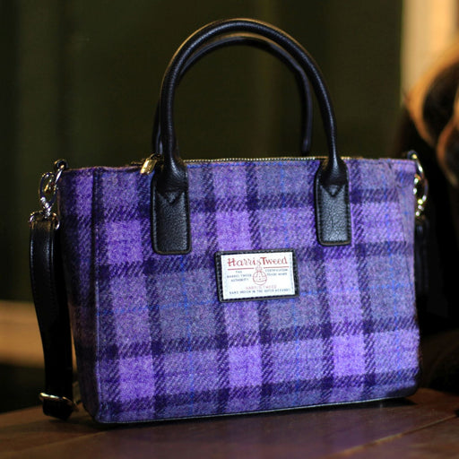 Women's Harris Tweed Bora Small Tote St Bold Purple Check - Heritage Of Scotland - BOLD PURPLE CHECK